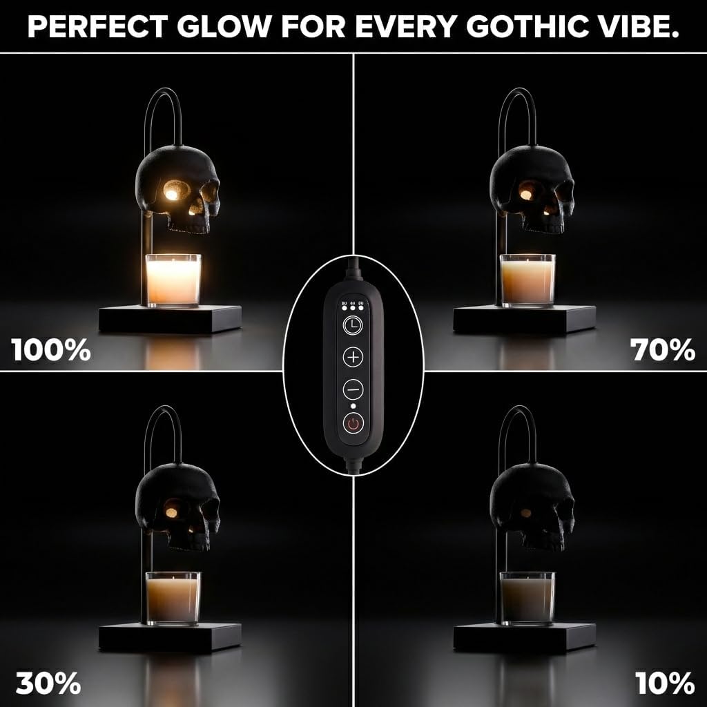 Skull Candle Warmer Lamp with Timer and Dimmer *Candles NOT Included – Black Gothic Candle Lamp Warmer w/ Adjustable Height, 2 Light Bulbs – Skull Decor, Goth Gothic Decor Spooky Home & Witchy Gifts