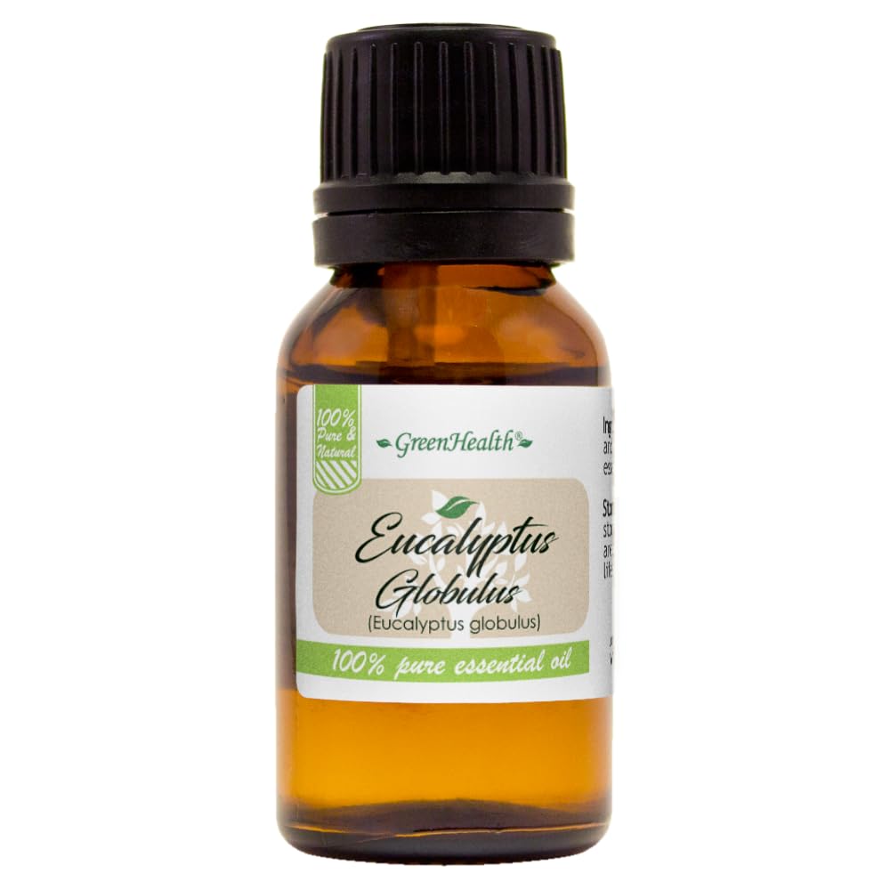 GreenHealth Eucalyptus Essential Oil – 15 ml (0.5 fl oz) – 100% Pure & Natural – Therapeutic Grade Aromatherapy Oil – Amber Glass Bottle with Euro Dropper – for Diffuser, Cleaning, Home Use