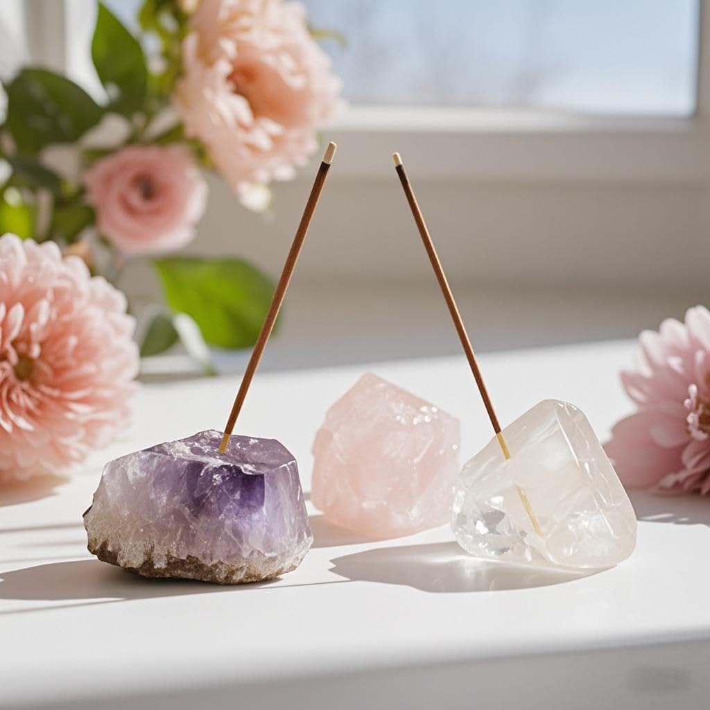 Natural Raw Crystal Incense Holder Set - 3 Unpolished Amethyst/White Quartz/Pink Stone (3-5cm), Aromatherapy Gift for Meditation, Yoga & Home Decor, Healing Energy Stone