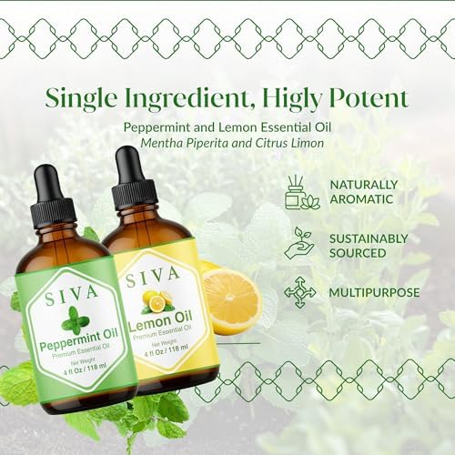 Siva Peppermint Essential Oil and Lemon Essential Oil 4oz Bundle Super Saver Combo – Premium Grade Value Set for Aromatherapy, Scalp Massage, Hair Care, Skin & Body