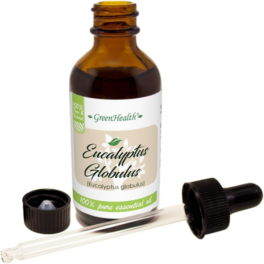 GreenHealth Eucalyptus Essential Oil – 2 fl oz (59 ml) Amber Glass Bottle w/Glass Dropper – 100% Pure Essential Oil
