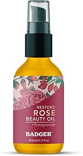 Badger Rose Face Oil, 100% Organic Face Moisturizer, Nourishing & Soothing Organic Jojoba Oil & Rose Oil, Vegan Antioxidant Rich Moisturizing Facial Oil, 1 fl oz Glass Bottle