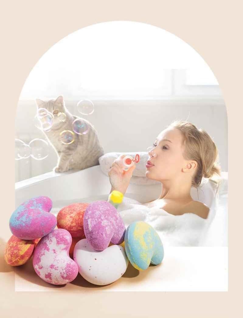 Luxury Valentine's Day Heart Bath Bombs Gift Set, 9 Large Moisturizing Bombs with Shea Butter, Natural Dried Flowers, Multiple Scents, Includes Rose Soap and Loofah