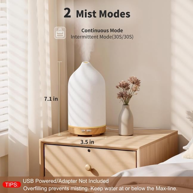 URPOWER 120ML Ceramic Essential Oil Diffuser, Ultrasonic Aromatherapy Diffuser with 7-Color Lights, Auto Shut-Off, Quiet Oil Diffuser for Bedroom, Home Office