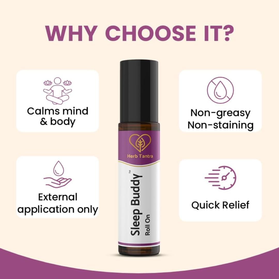 Herb Tantra Sleep Buddy Roll On | Calming Essential Oil Blend of Valerian, Lavender, Chamomile, St. John's Wort | Pungent Aroma | 100% Natural & Pure | 0.3 fl oz