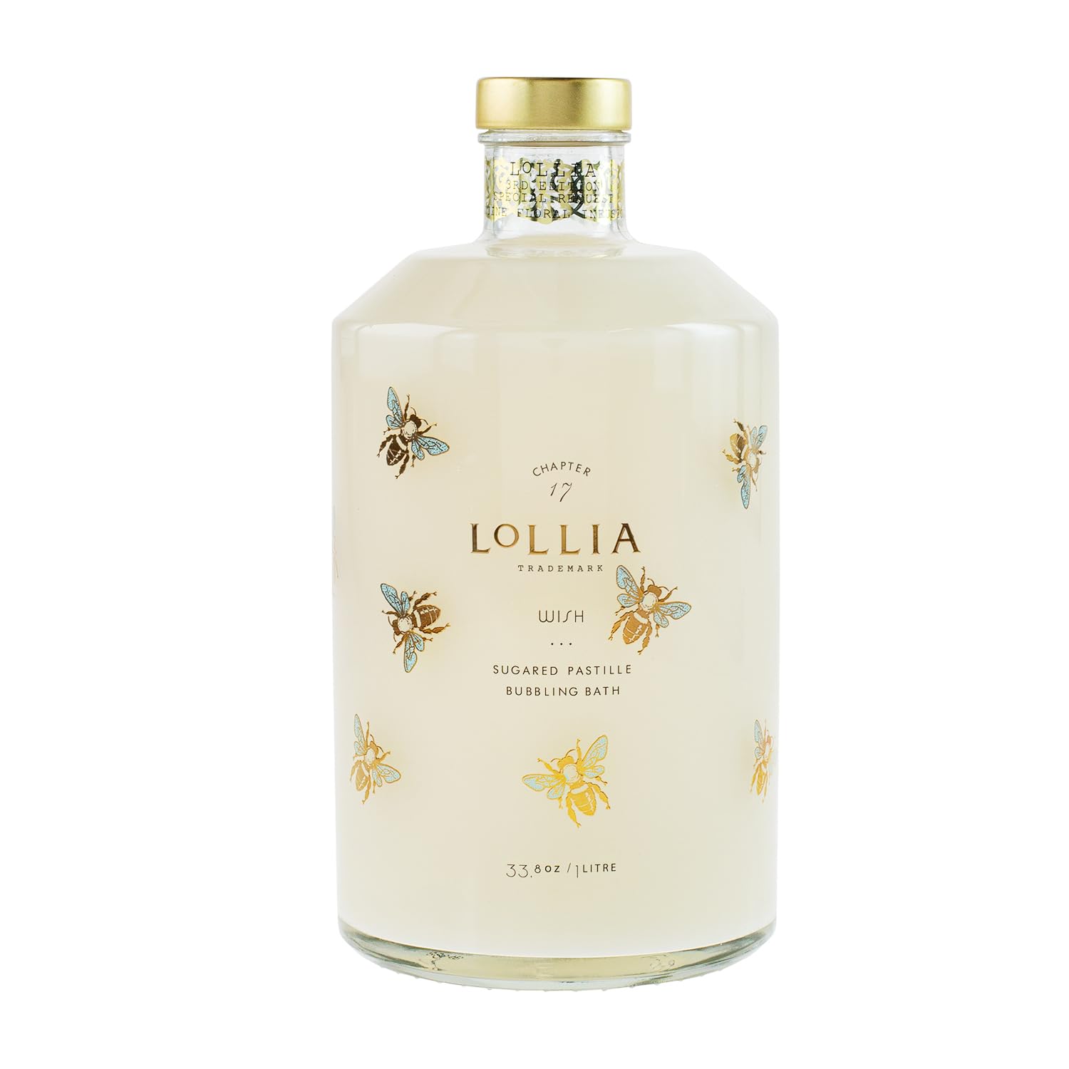 LOLLIA Wish Bubble Bath, 33.8 fl oz / 1 L, Vanilla Bean, Rice Flower, Jasmine Leaves & Sugar Cane Scent, Luxury Hydrating & Relaxing Bubble Skin Care for Women, Delicate Bubbling Bath, Glass Bottle