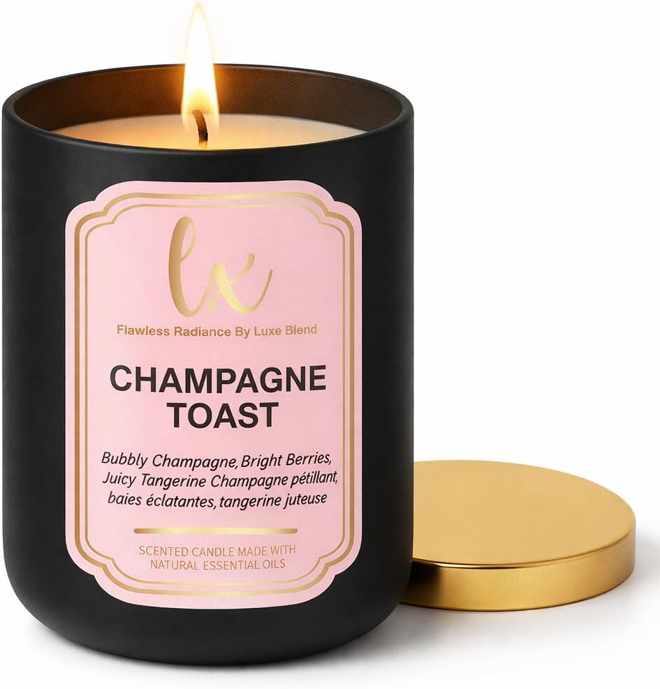 Soy Wax Candle, Black with Gold Lid, 14.5 oz, Premium Fragrance Long Lasting Candle (Champagne Toast)
