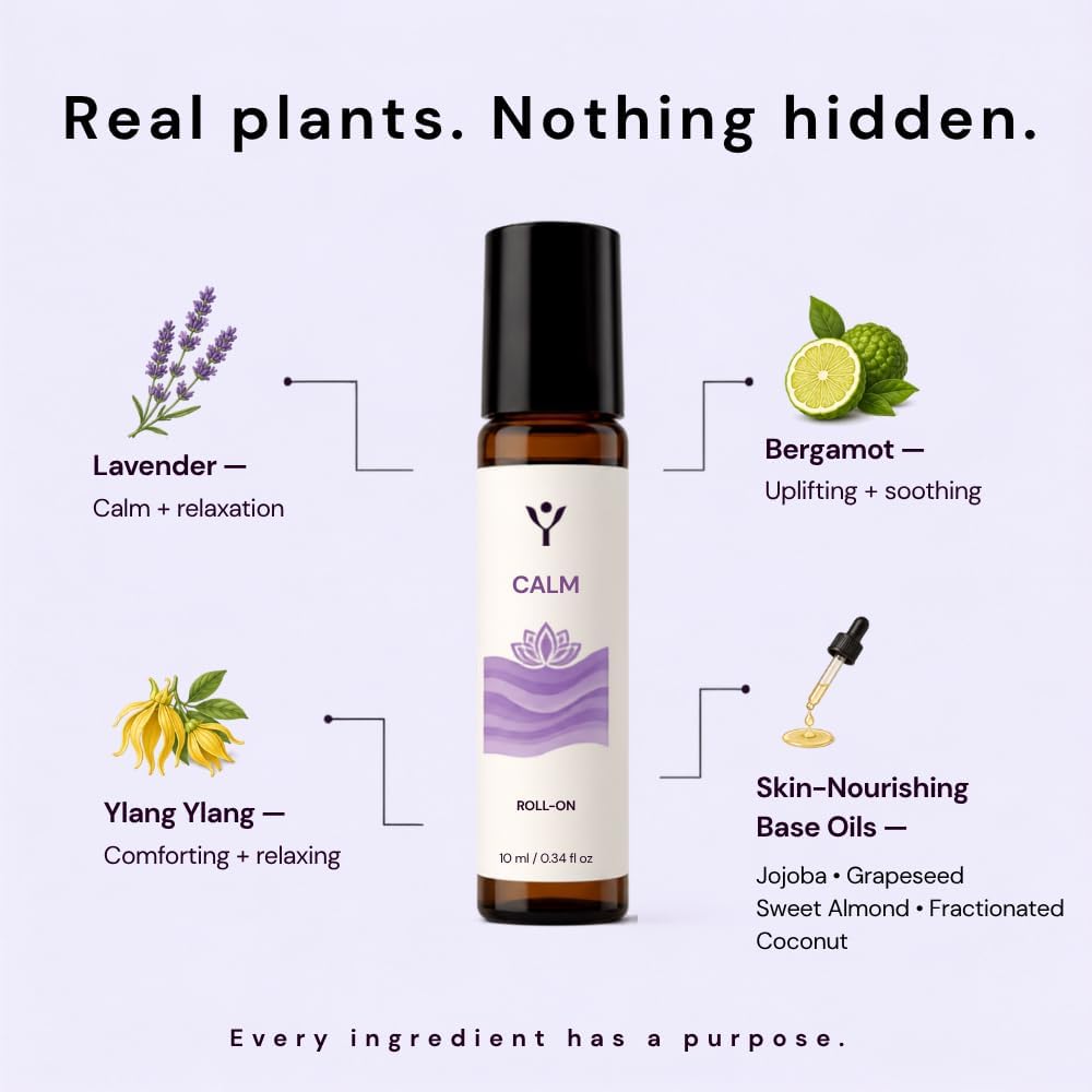 Calm Essential Oil Roll On – Stress Relief Aromatherapy Roller with Lavender, Bergamot &amp; Ylang Ylang – Relax &amp; Unwind Essential Oil Blend – 10 ml