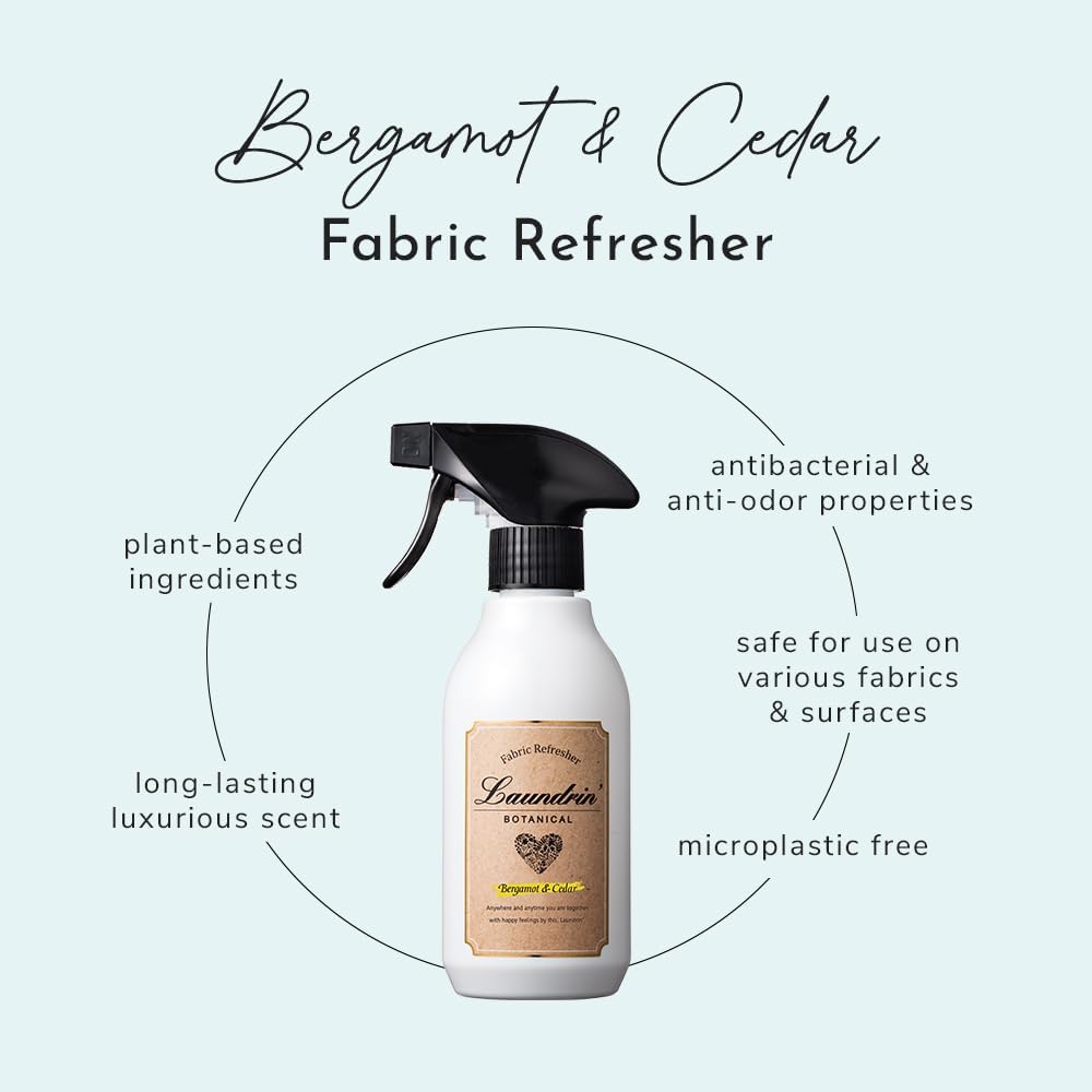 Laundrin Botanical Fabric Mist Bergamot & Cedar Deodorizing Spray 10.1 fl oz (300 ml), Pet Odor Eliminator for Home, Room Essentials Fabric Spray, Odor Removal for Mattress, Curtain, Sofa, Carpet
