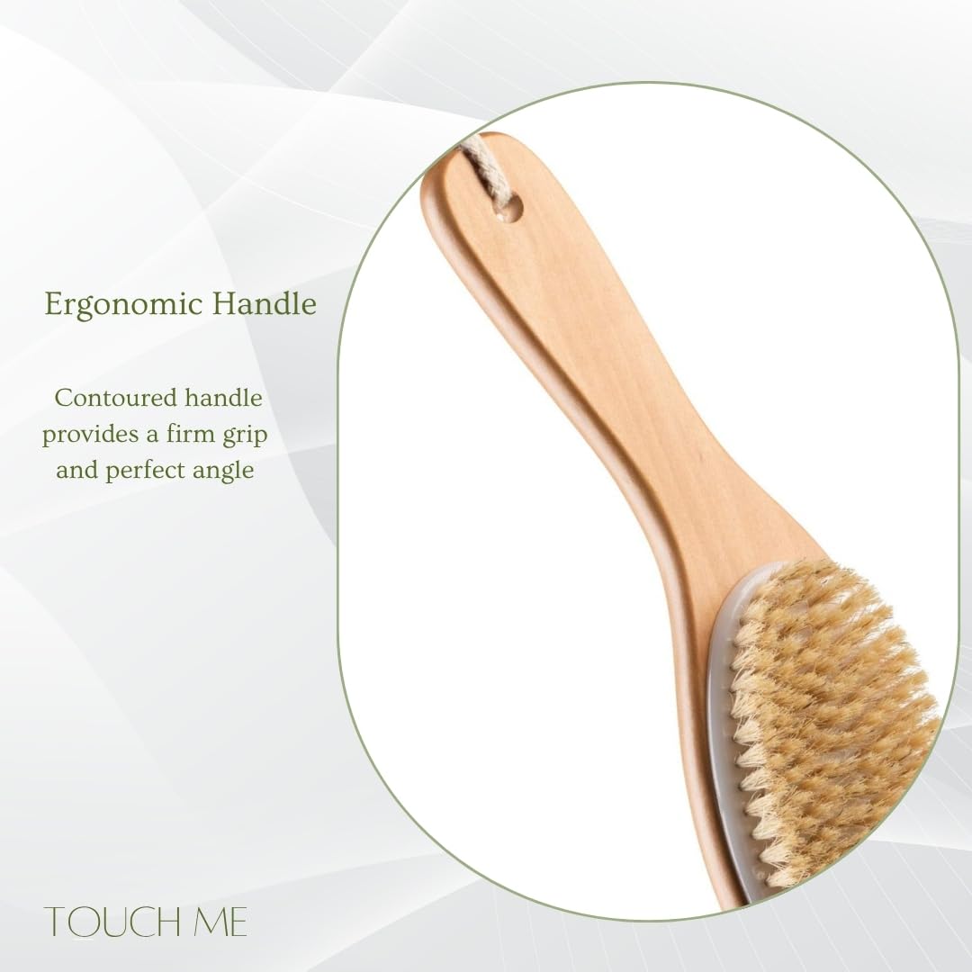 100% Natural Boar Bristle Body Brush with Contoured Wooden Handle by TOUCH ME
