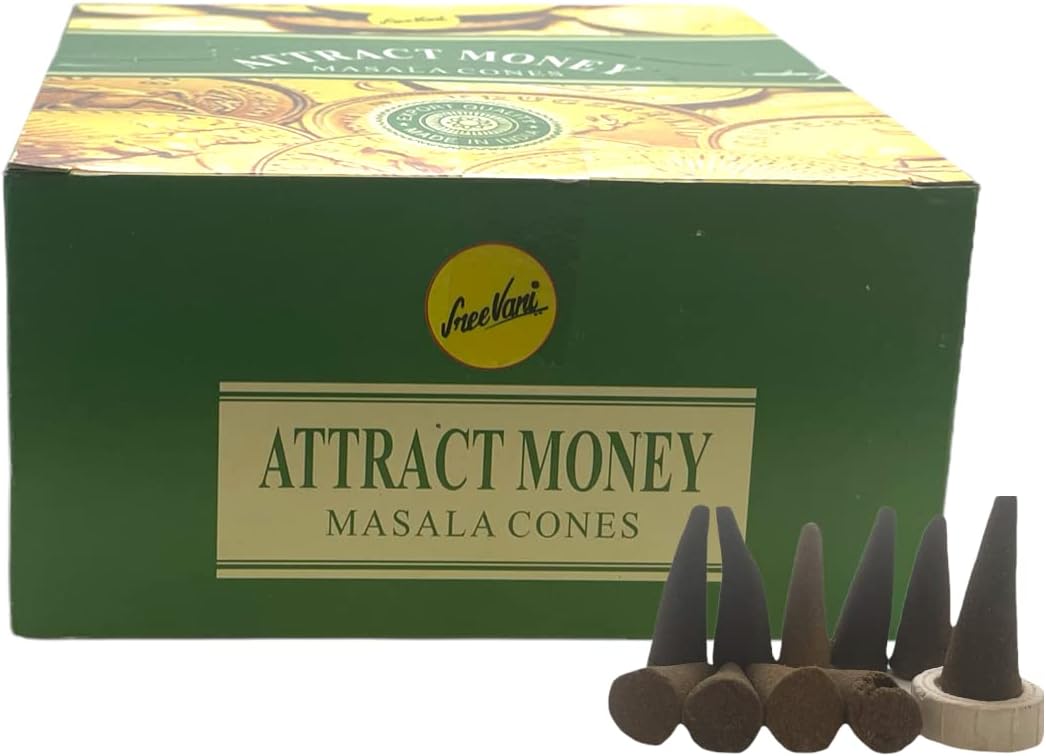Sreevani Natural Masala Incense Cones and Holder Bundle, 120 Cones Total, Attract Money