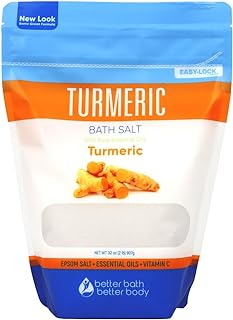 Turmeric Bath Salt 32 Oz Epsom Salt with Essential Oils Turmeric, Cinnamon, Orange Plus Vitamin C in BPA-Free Pouch with Easy Press-Lock Zipper | Natural Bath Soak to Relieve & Soothe | Made in USA