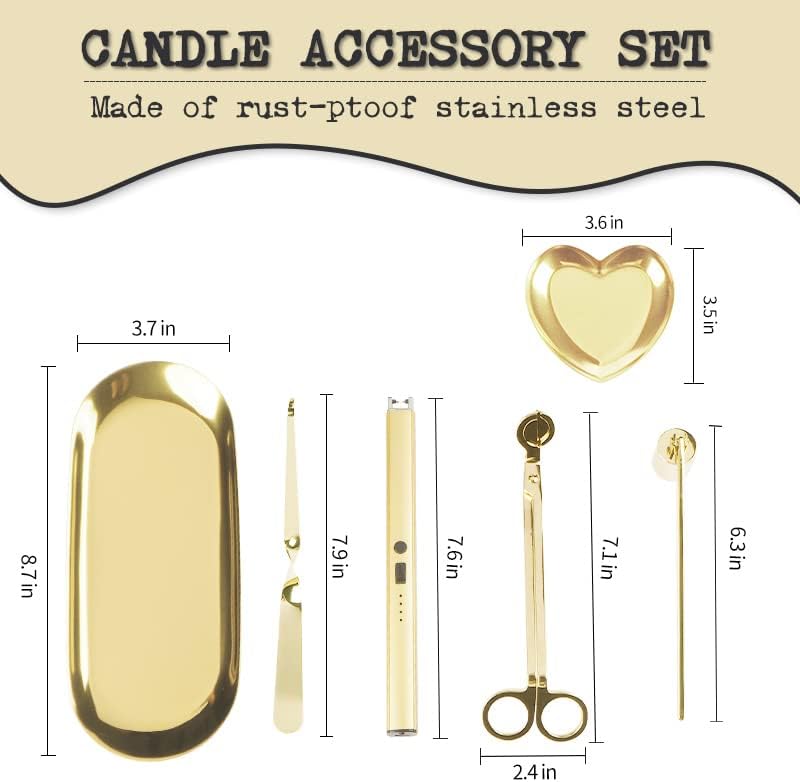 6 in 1 Candle Wick Trimmer Cutter,Candle Lighter Rechargeable, Candle Snuffer Extinguisher, Candle Wick Dipper, Candle Care Kit，Candle Accessory Set with Storage Tray Plate for Candle Lover (Gold-02)
