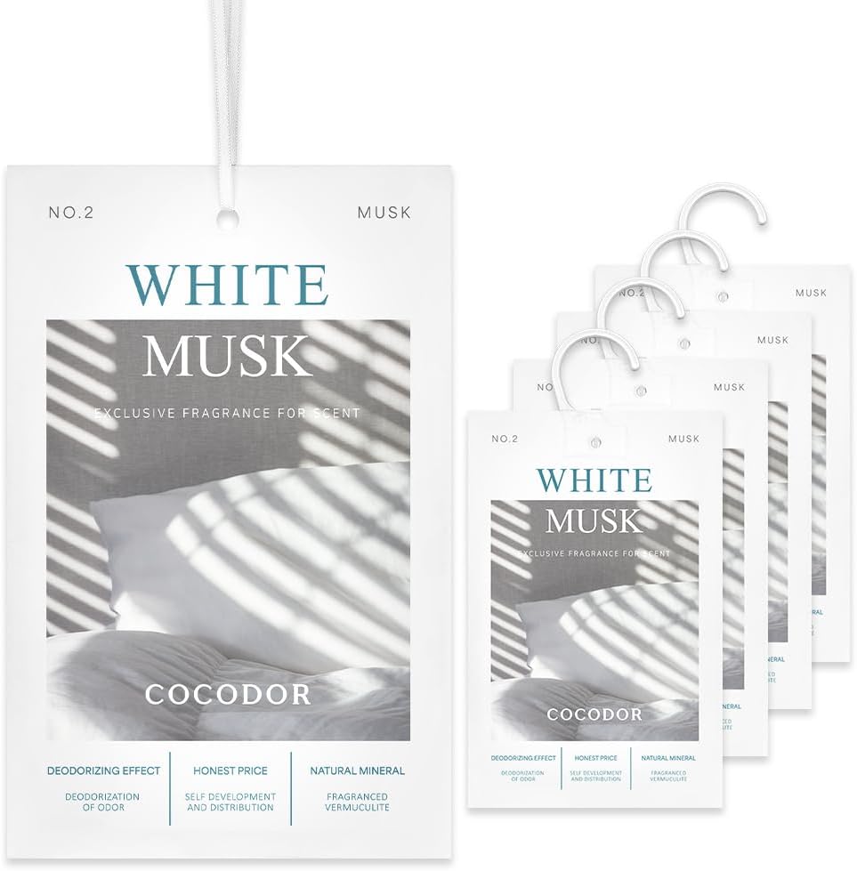 COCODOR 5 Packs White Musk Scented Sachets/Air Freshener Sachets Bags for Drawers, Closet, Cars, Long-Lasting Deodorizers Fresh Scents, Home Fragrance