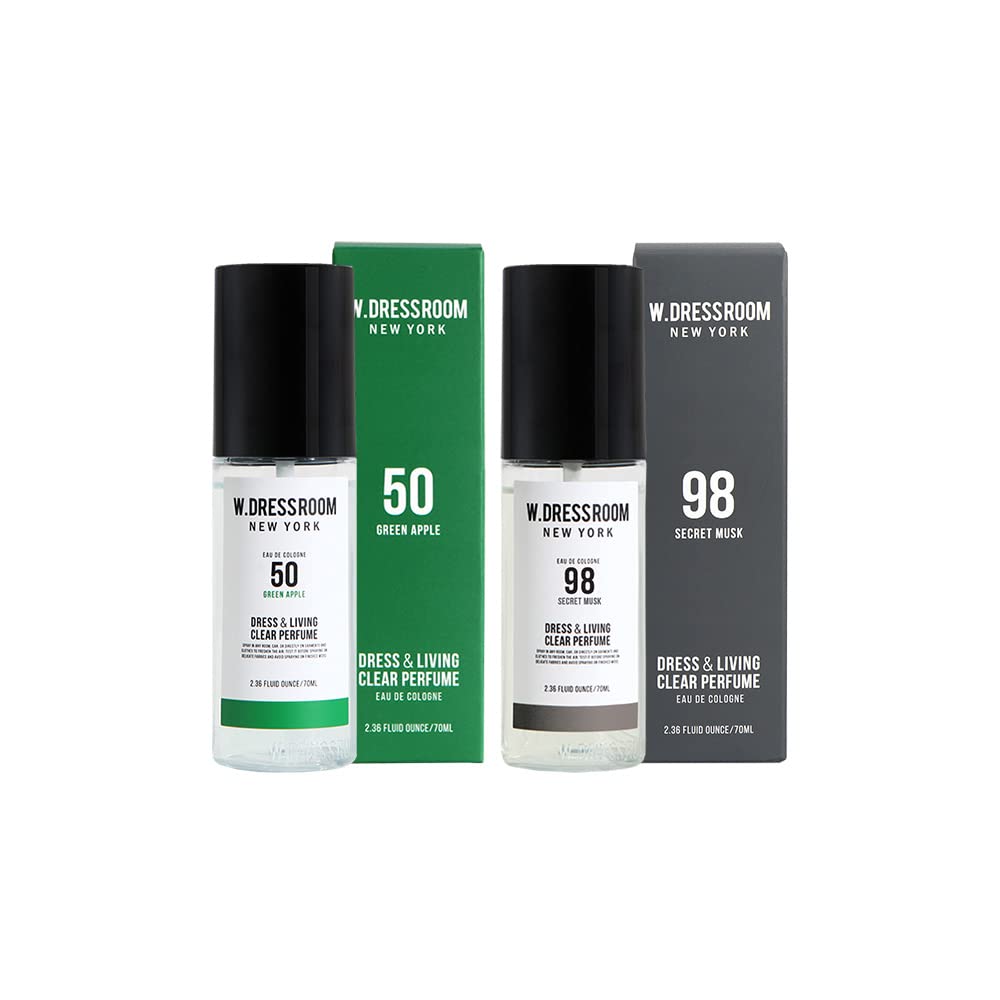 W.Dressroom Dress & Living Clear Perfume Spray Set of 2 – No.50 Green Apple + No.98 Secret Musk | Room & Fabric Spray, Odor Eliminating, Hypoallergenic Fragrance Mist, Travel Size Perfume Gift Set