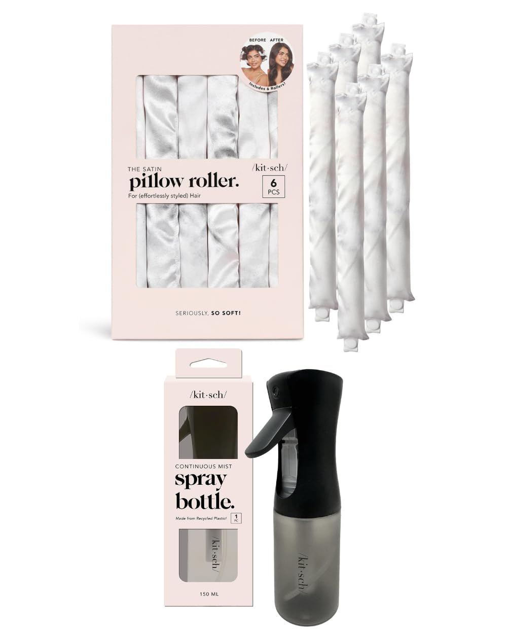 Kitsch Satin Pillow Rollers (6 pcs) and Continuous Spray Bottle (Black) Bundle with Discount