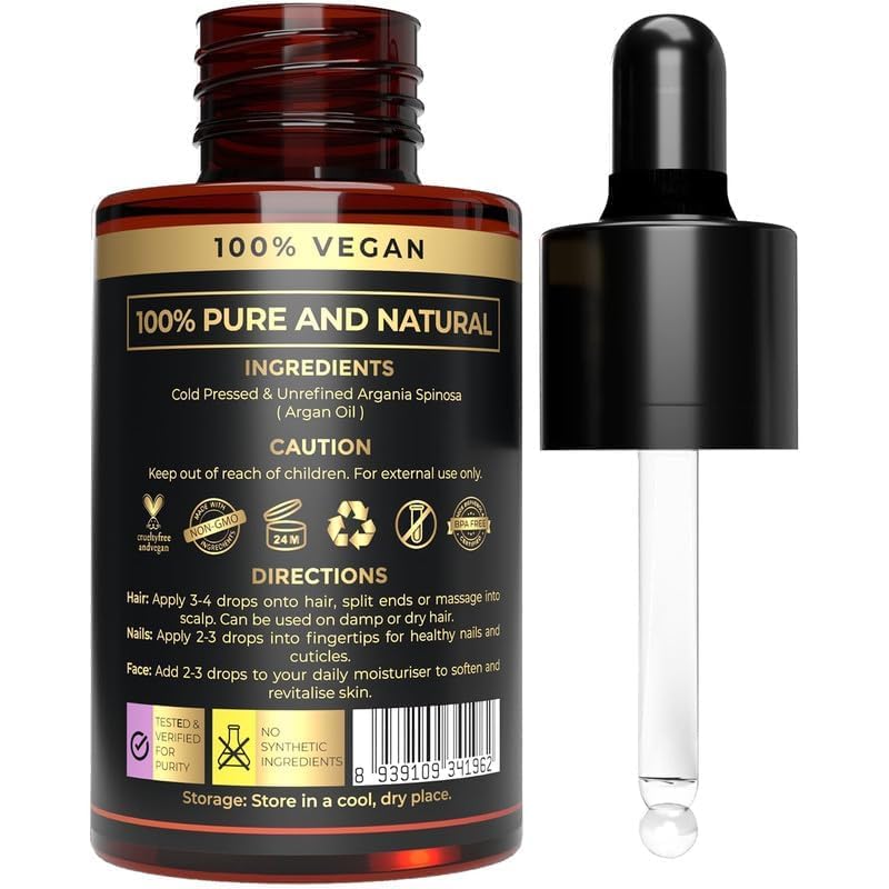 100% Plant Based Argan Oil - Moroccan Oil for Hair and Skin - Pure, Cold-Pressed, Natural - Best Argan Oils for Frizzy Hair, Face and Body - Pure Oils of Morocco - Hydrating and Nourishing