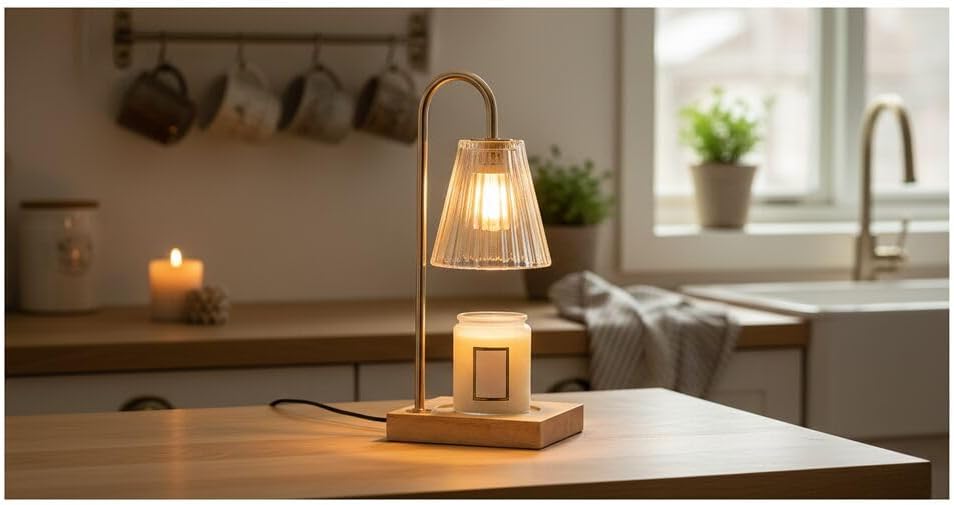 Mikasa Electric Candle Warmer with Amber Glass Shade - 13.8 Inch Lamp Warmer with Wooden Base, 50 Watt Halogen Bulb Included, Dimmer Switch, Safe Flameless Fragrance for Home Décor