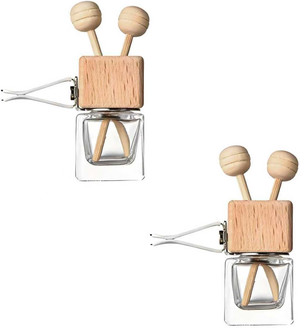 2PCS Car Diffuser Air Freshener Bottle, Empty Essential Oil Perfume Glass Bottle with Vent Clip, Wooden Clear Aromatherapy Fragrance Ornament Auto Decor, Interior Car Accessories