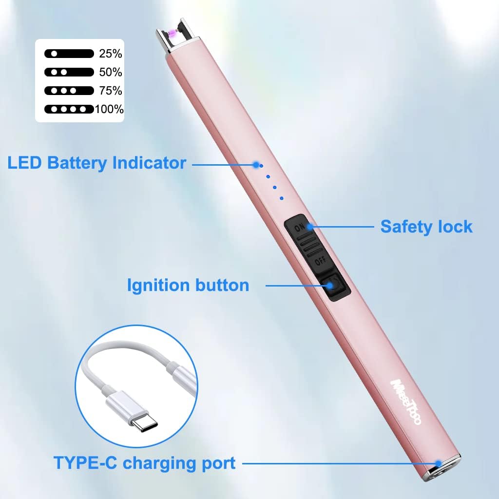 MeeToo Electric Candle Lighter Rechargeable Type-C - Gifts for Wife Men Women Nana, USB Plasma Arc Windproof Lighters for Candle Christmas Camping Kitchen Rose Gold