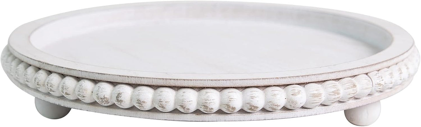 HPC Decor 12in Round Wood Tray - White, Distressed, Farmhouse Rustic - Decorative Tray for Living Room, Coffee Table, Kitchen Table or Farmhouse Serving Tray