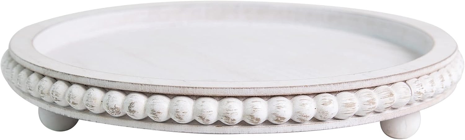 HPC Decor 12in Round Wood Tray - White, Distressed, Farmhouse Rustic - Decorative Tray for Living Room, Coffee Table, Kitchen Table or Farmhouse Serving Tray