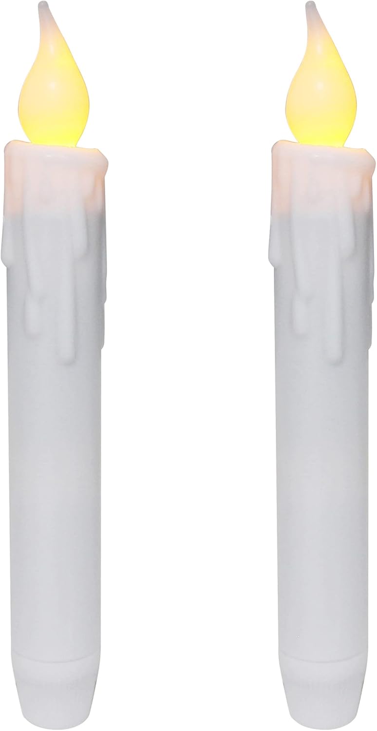 CVHOMEDECO. Flickering Taper Candles LED Drip Flameless Candles, Battery Operated with Timer, White, 6-3/4 Inch, Set of 2