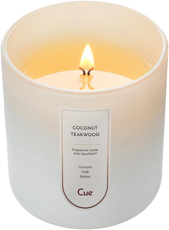 CUE Coconut Teakwood Scented Candle | Spring Summer Candle | Soy Coconut Wax Blend | Made in USA | 70 Hour Burn Time | 14oz White Color
