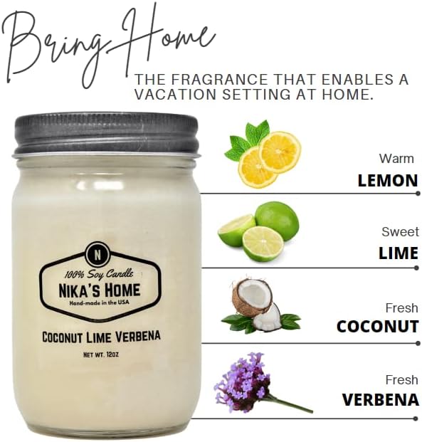 Coconut Lime Verbena Soy Candle - 12oz Mason Jar - Non-Toxic Soy Candle-Hand Poured Candle- Handmade, Long Burning Candle-Highly Scented Candle-All Natural, Clean Burning Candle