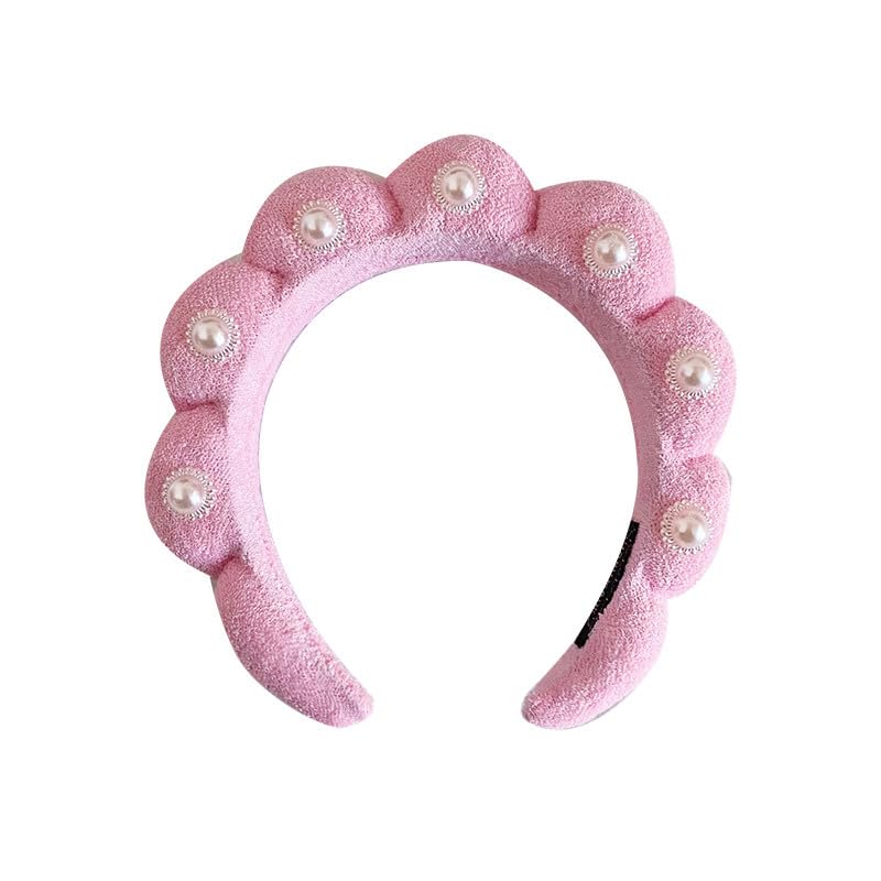 Pearl Rhinestone Headband for Women Girls Terry Cloth Spa Headband for Washing Face Makeup Skincare Puffy Head band (Pink)