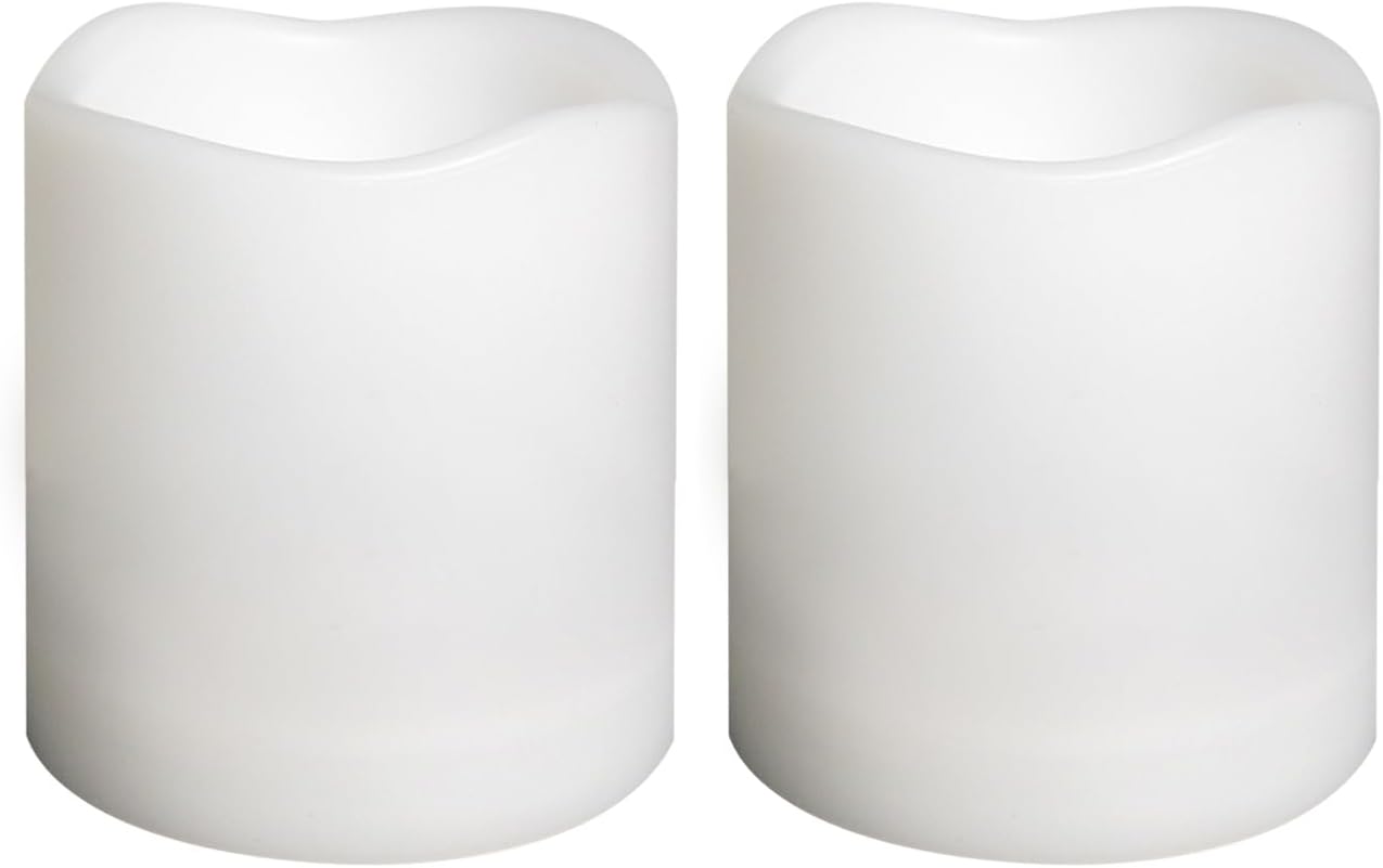 Waterproof Outdoor Battery Operated Flameless Candles with Auto Timer Flickering Plastic Resin Electric LED Pillar Lights for Lantern Patio Garden Wedding Party Decorations 3x3 Inches 2 Pack White