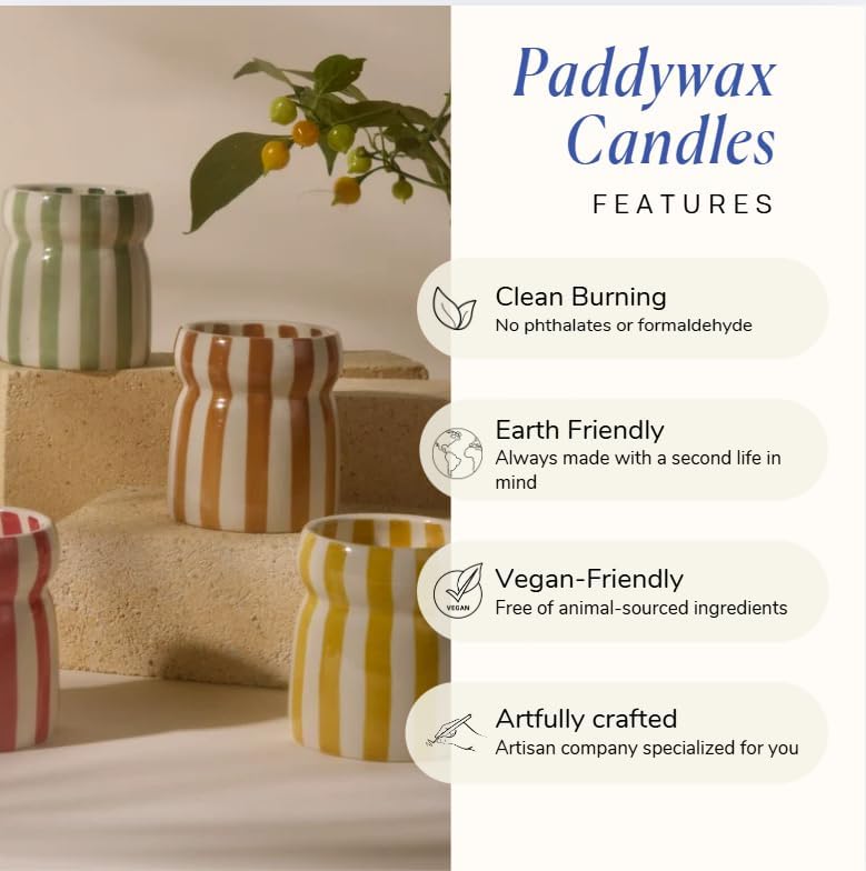 Paddywax Cabana Hand-Painted Scented Candle in Ceramic Reusable Food Safe Jar, Clean-Burn Soy Candle with Approx. 42 Hour Burn Time, Ochre – Gold Coast, 6.5 oz