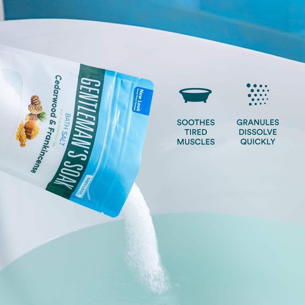 Gentleman's Bath Salt 32 Ounces (2 Lbs) Epsom Salt Soak for Men with Natural Cedarwood and Frankincense Essential Oils Plus Vitamin C in BPA Free Pouch with Easy Press Lock Seal Made in USA