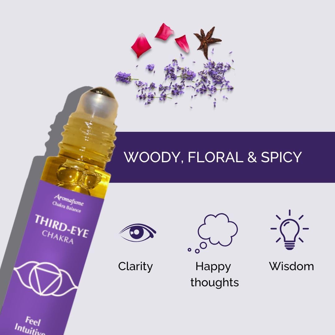Third Eye Chakra Essential Oil Roll-On Blend by Aromafume | 10ml/0.33 fl oz | Ajna | Aromatherapy Oils for Chakra Balance | Rose & Juniper Extracts | Amethyst Incense for Meditation, Yoga, Reiki