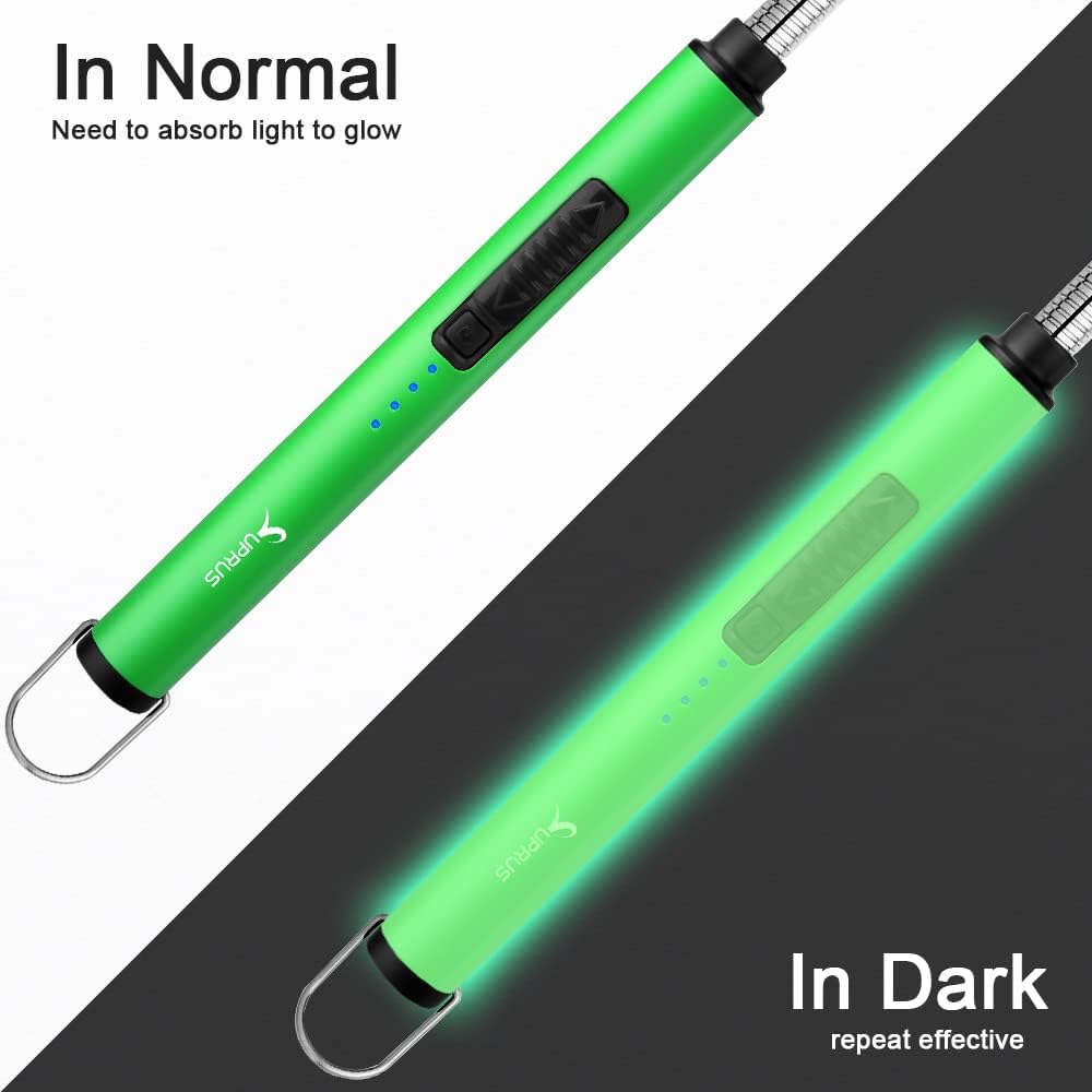 SUPRUS Fluorescent Lighter Glows in The Dark 360°Flexible Neck USB Rechargeable Windproof Triple Safety for Candle Cooking BBQ in Party (Green)