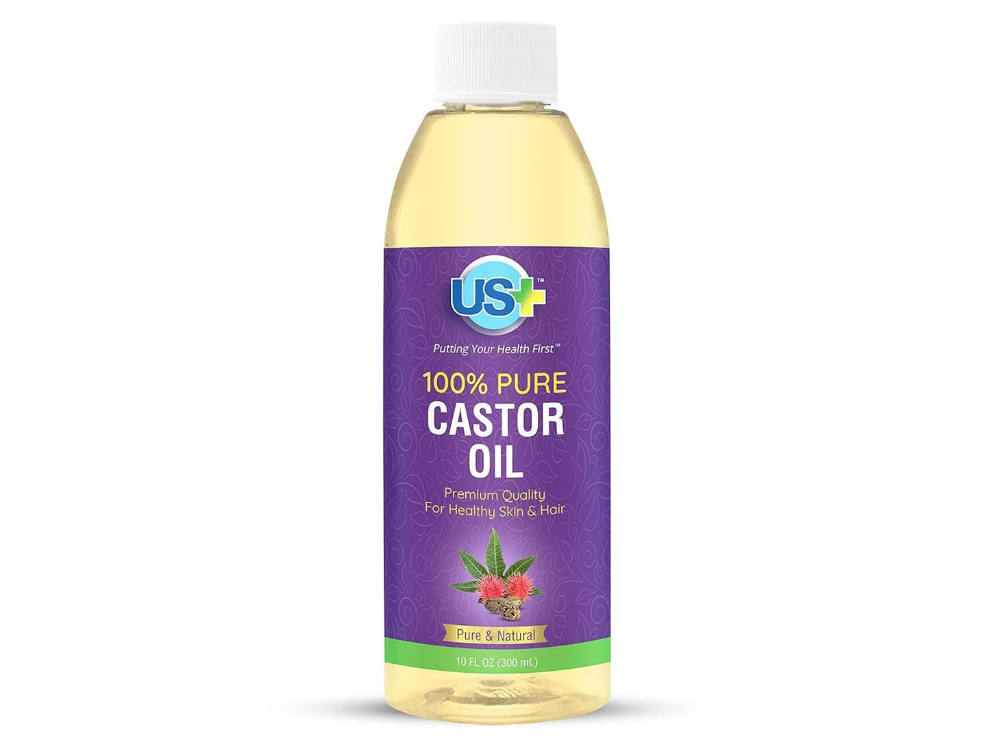 US+ 10oz 100% Pure Castor Oil - Cold-pressed, Unrefined, Hexane-free - USP Grade - Premium Quality for Healthy Skin & Hair