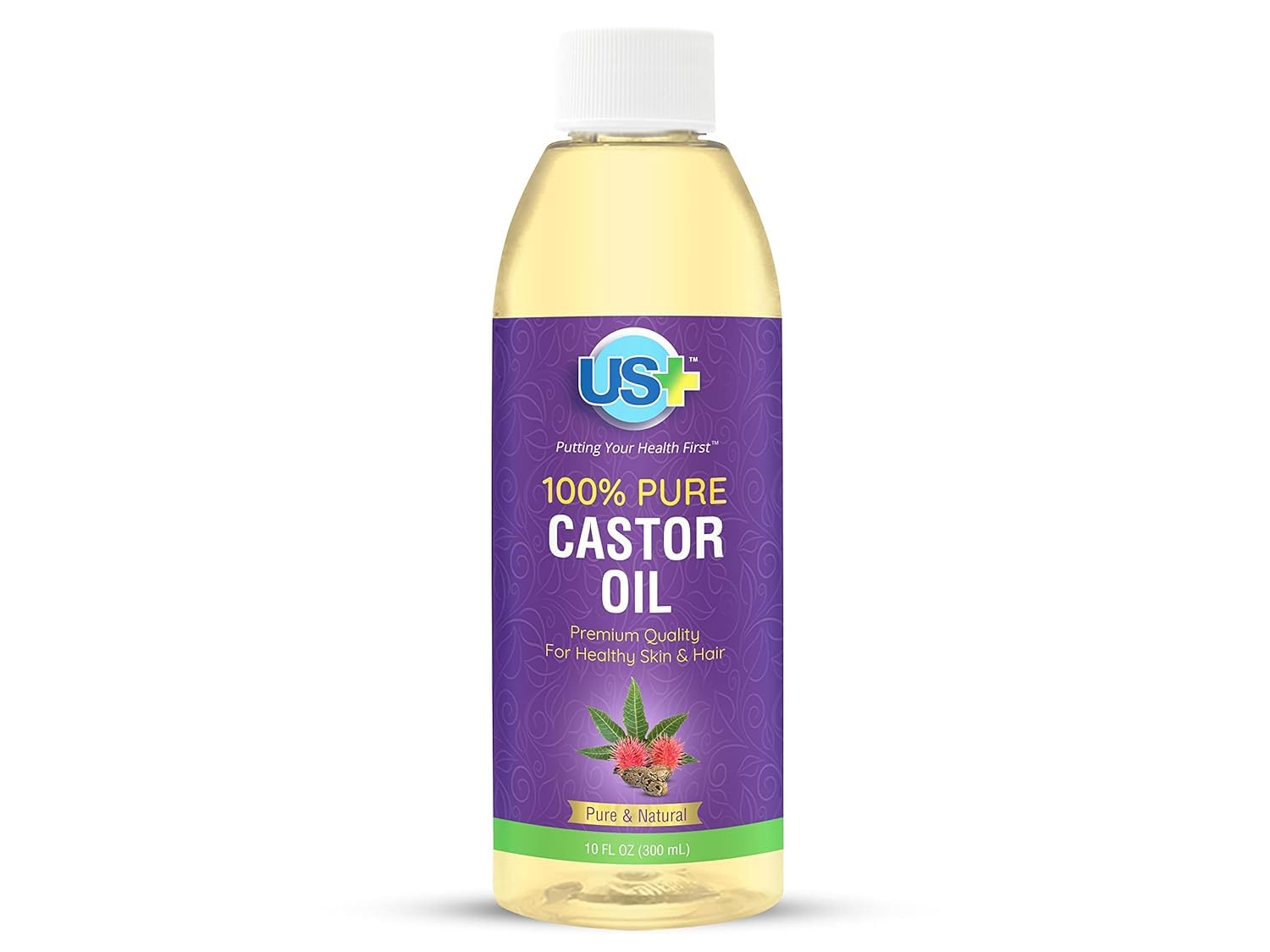 US+ 10oz 100% Pure Castor Oil - Cold-pressed, Unrefined, Hexane-free - USP Grade - Premium Quality for Healthy Skin & Hair