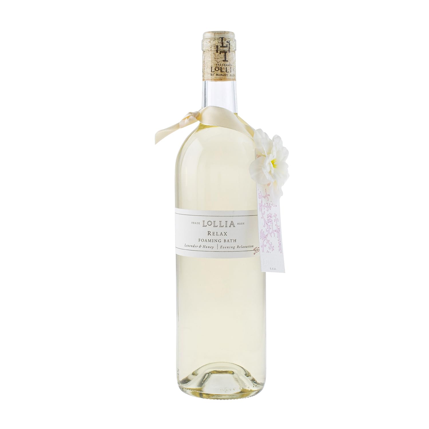 LOLLIA Relax Lavender Bubble Bath, 25 fl oz / 739.2 ml, Lavender Honey Scent, Luxury Hydrating & Soothing Bubble Skin Care for Women, Floral Home Spa Cleanser, Glass Bottle