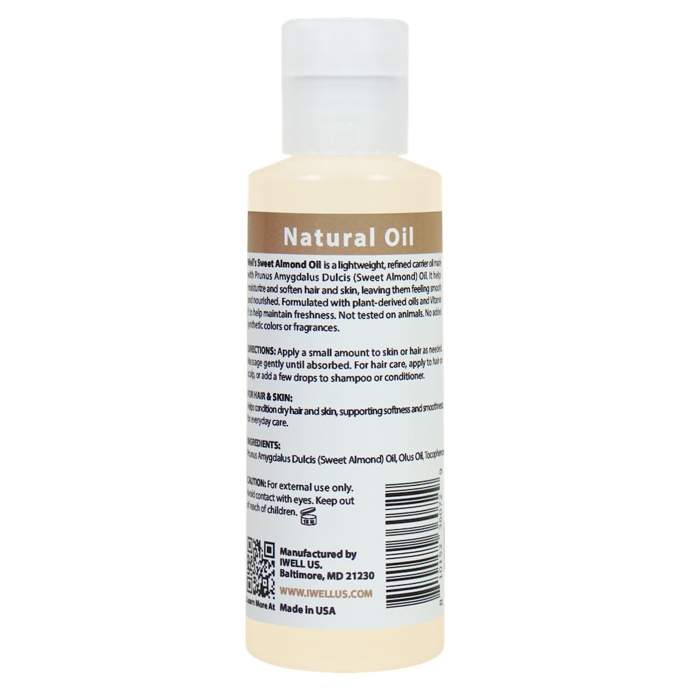Well’s Oil Sweet Almond Oil | 4 fl oz (118 ml) | Almond Oil–Based Carrier Oil with Vitamin E | For Hair, Skin & Nails | Unscented | Cosmetic Grade
