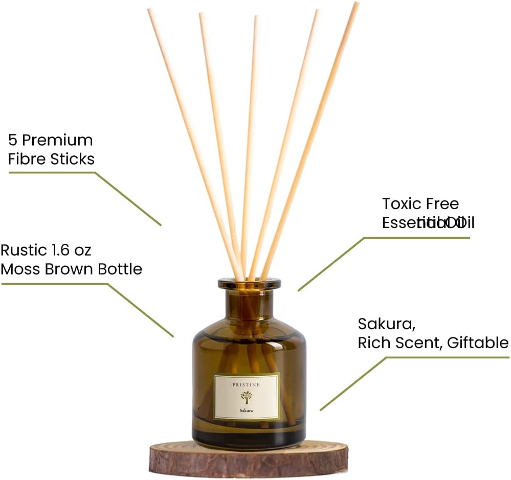 PRISTINE Sakura Reed Diffuser for Home | Cherry Blossom Flower Sakura Oil Diffuser & Reed Diffuser Sticks with Essential Oil Reed Diffuser Set | Home & Office | Perfect Blend for Calming & Restoring