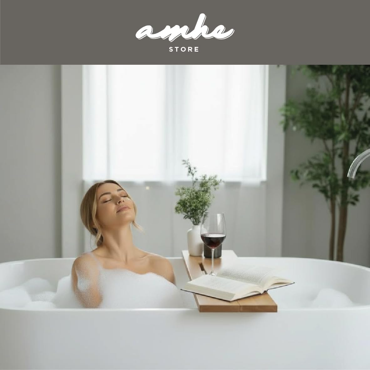 Amhe Store! Luxury Rustic Acacia Wood. Durable, Water-Resistant, Minimalistic, Adjustable 35x9 Inches. Lovely Gift - Box. Bath Tub Tray Wood - Bath Tray for Tub. Unique Natural Grain for Relaxation