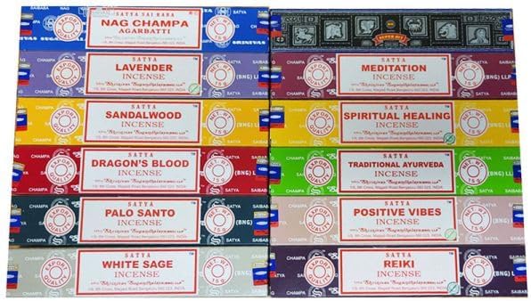 Satya Incense Gift Set - 12 Boxes -15g Each (Total 180g) - Handpicked Scents from The Original Factory in Bengaluru - Ideal for Meditation, Healing, Smudging, Reiki.