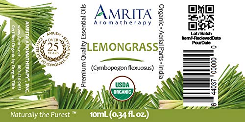 Amrita Aromatherapy Organic Lemongrass Essential Oil, 100% Pure Undiluted Cymbopogon flexuous, Therapeutic Grade, Premium Quality Aromatherapy Oil, Tested & Verified, 10ML