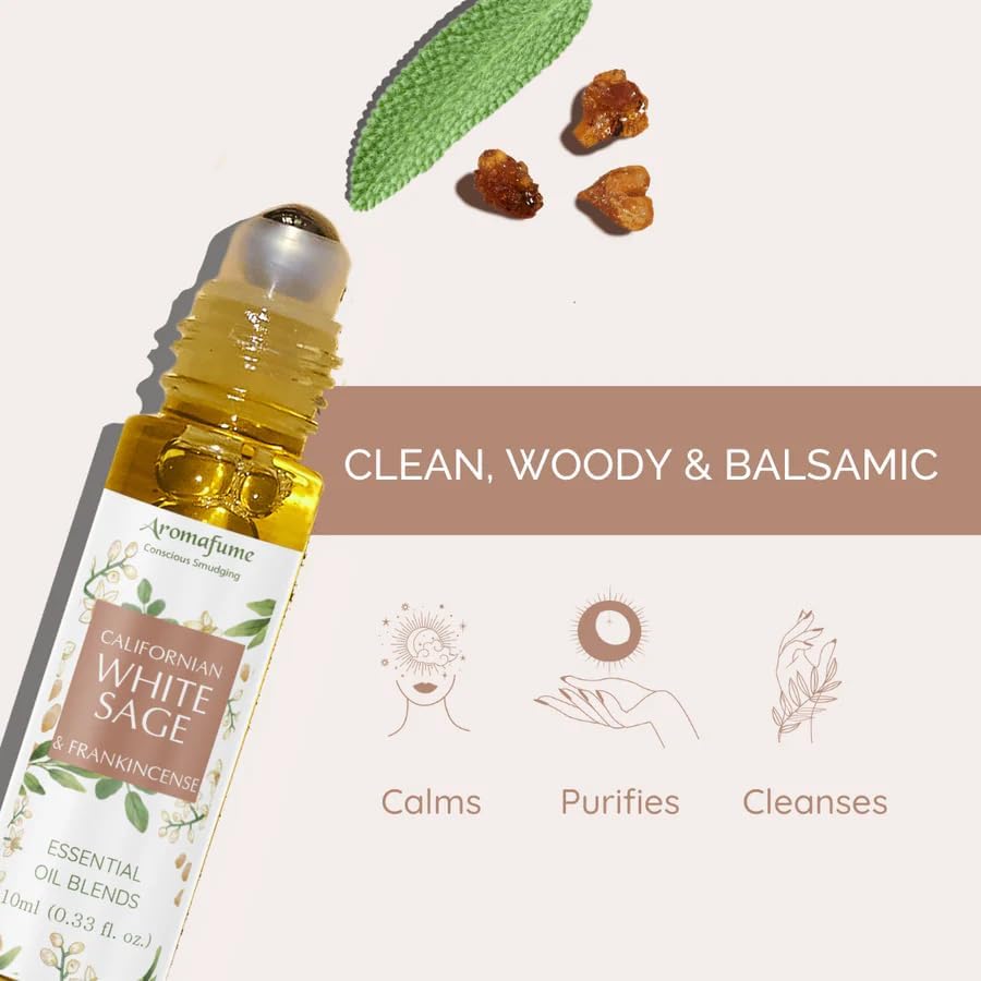 White Sage & Frankincense Essential Oil Roll-On Blend by Aromafume | 10ml/0.33 fl oz | Aromatherapy Oil for Cleansing Negative Energy & Protection | Ethically sourced | Sage Oil for Smokeless Smudging