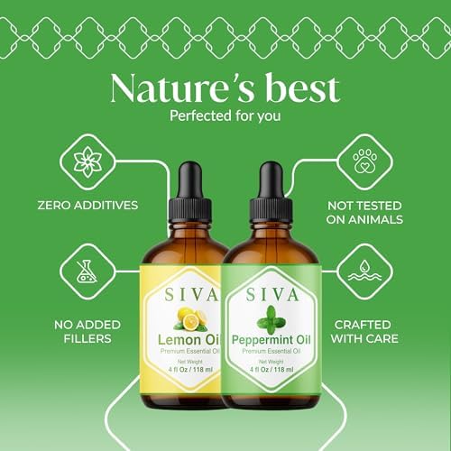 Siva Peppermint Essential Oil and Lemon Essential Oil 4oz Bundle Super Saver Combo – Premium Grade Value Set for Aromatherapy, Scalp Massage, Hair Care, Skin & Body