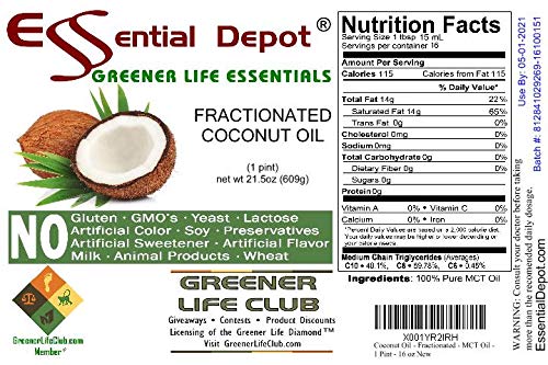 Coconut Oil - Fractionated - MCT (medium-chain triglycerides) - 1 Pint (16 oz) - liquid - Food Grade - Safety Sealed Resealable HDPE Container, Microwave Safe (remove foil seal), Freezer Safe