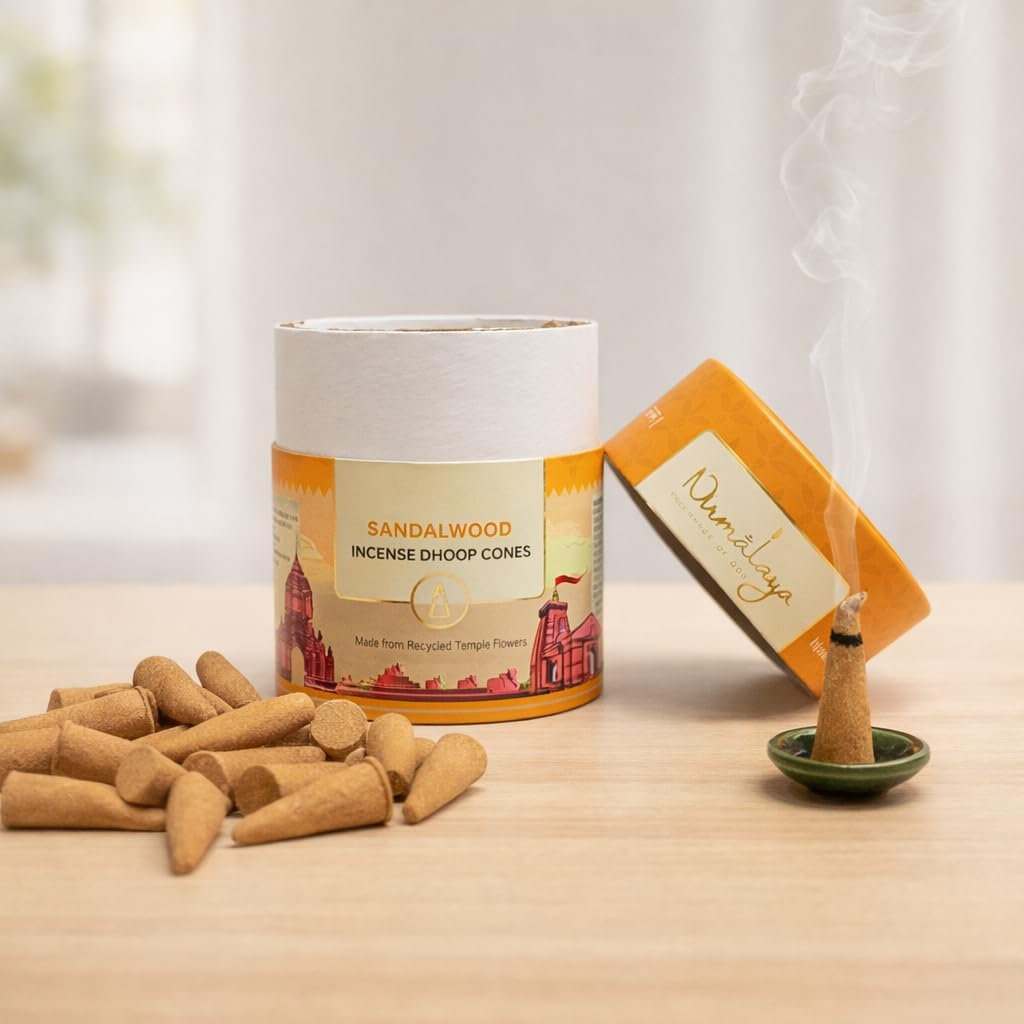 Nirmalaya Premium Sandalwood Incense Dhoop Cones with Free Stand | Charcoal-Free & Organic | Made with Recycled Temple Flowers | 25+ Min Burning Time | 60 Cones
