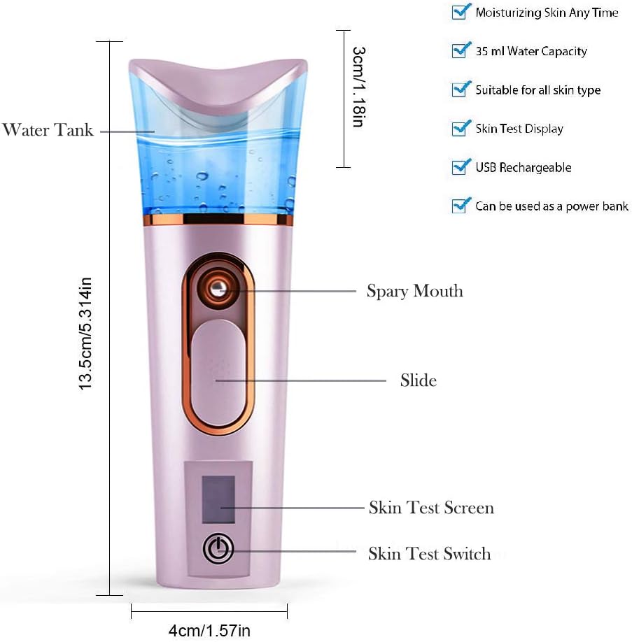 FANTEXY Nano Facial Mister with Skin Analyzer Moisture Tester | Portable Mini Cool Face Mist Steamer, USB, Handy Facial Sprayer, Eyelash Extensions, Face Moisturizing & Hydration Refreshing