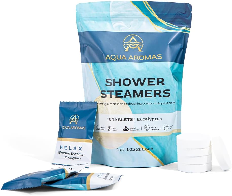 Aqua Aromas Shower Eucalyptus Steamers - Aromatherapy Shower Bombs with Essential Oils, 15 Count - for Relaxation, Invigoration, Stress Relief & Wellness - Spa-Like Experience