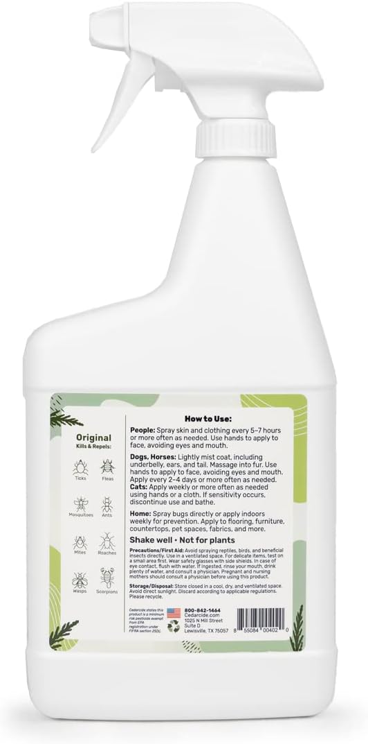 Cedarcide Original Bug Spray | Repel & Kill Fleas, Ticks, Mosquitoes, Mites, Ants & Chiggers | for use on People, Pets & Home | Natural Cedar Oil | Eco-Friendly | Quart